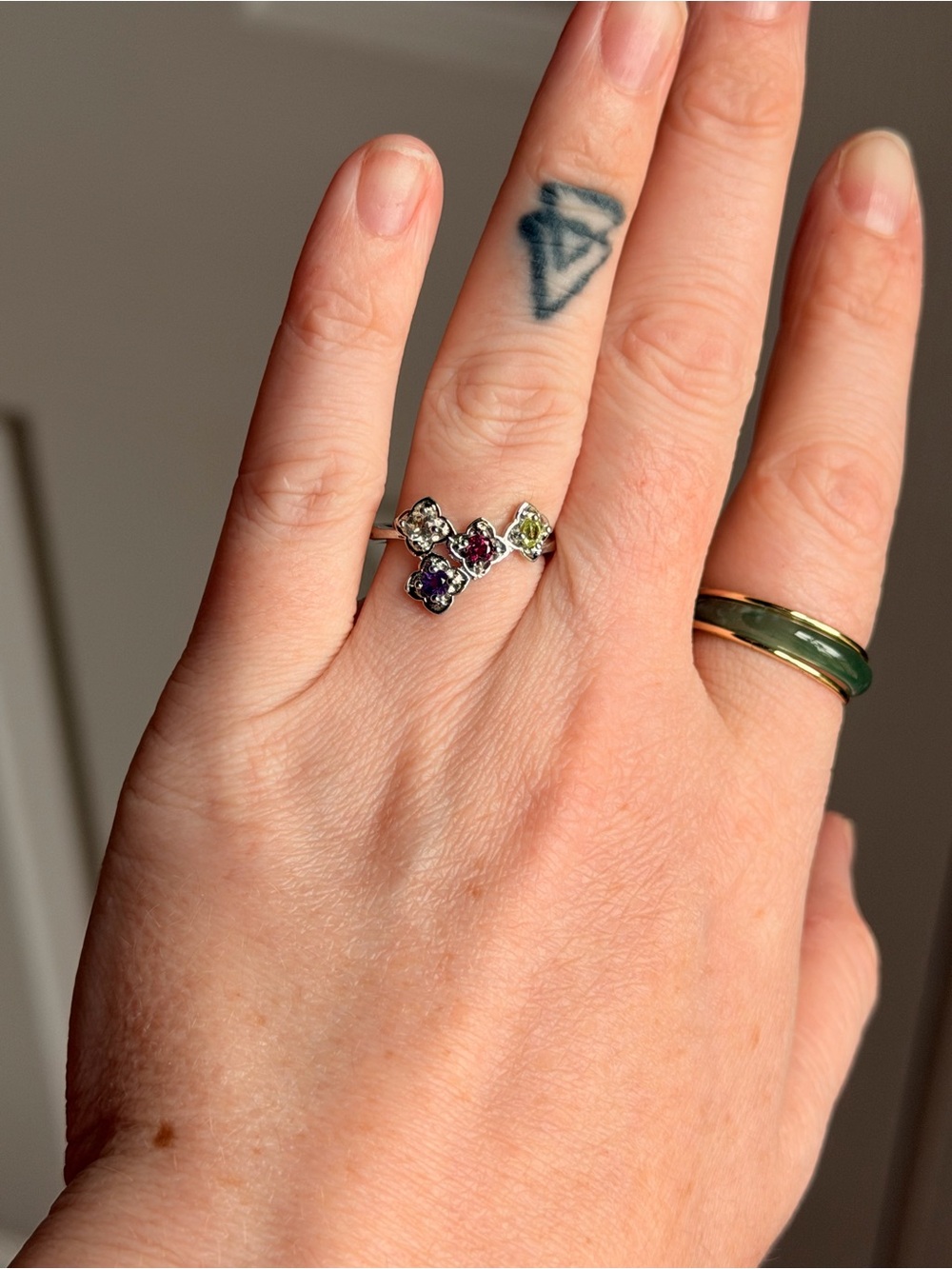 Multi-Gem Silver Cluster Ring - Mixed Colors adjustable